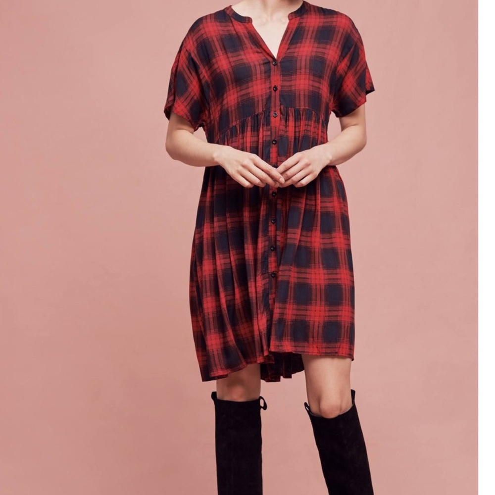 Red plaid button up dress